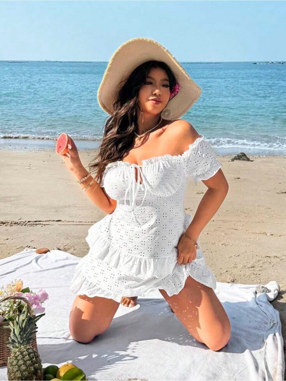 SHEIN Curve White Eyelet Off Shoulder Ruffle Mini Dress 4XL US 20 Boho - Picture 3 of 16
